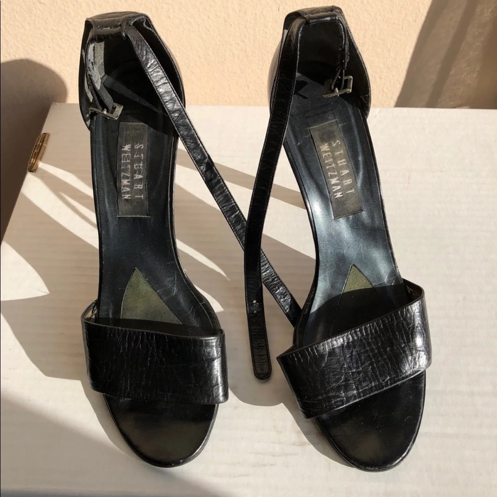 Stuart Weitzman Black Leather Ankle Strap Heels.